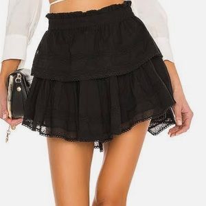 NWOT LoveShackFancy black tiered lace-trimmed cotton-voile mini skirt